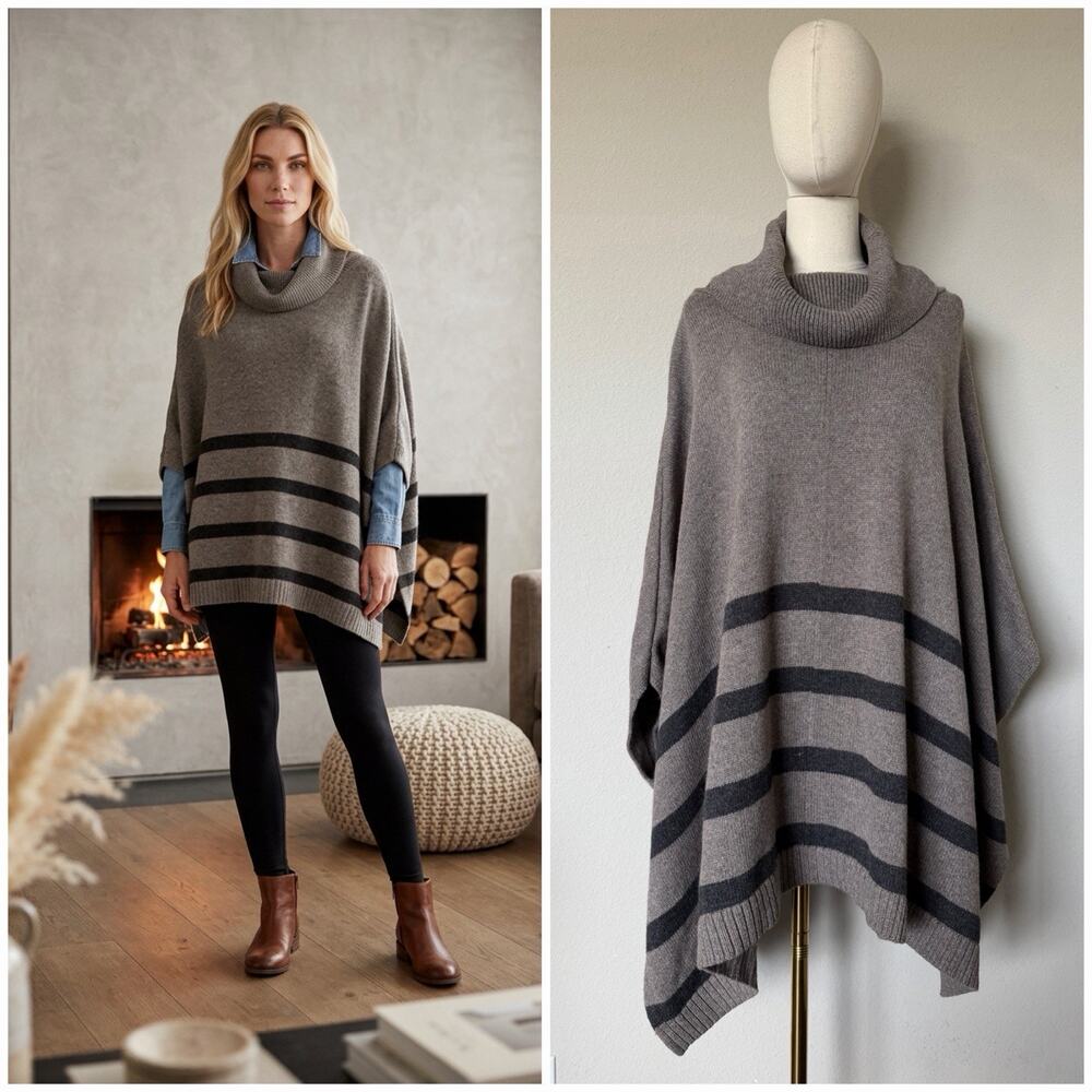 NWT $120 Banana Republic XL Brown Striped Poncho Cape Turtleneck Cotton Wool